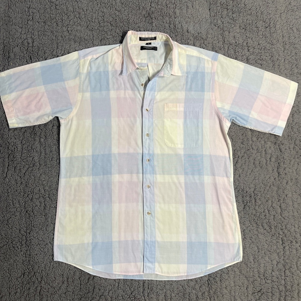 Vintage Christian Dior Monsieur Mens Large Short Sleeve Button Down Shirt USA